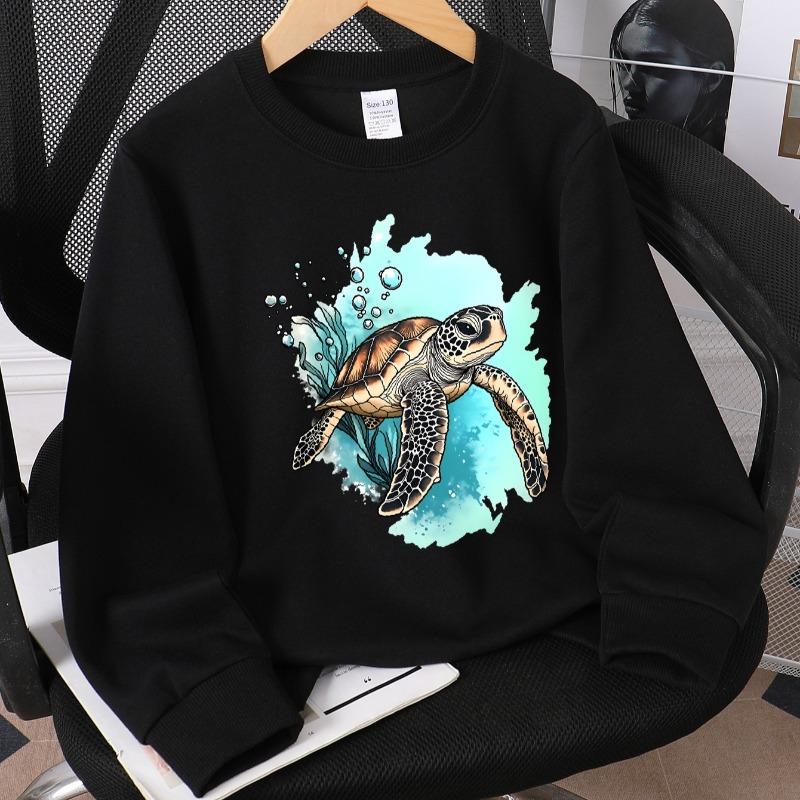 Kids Crewneck Sweatshirt, Sea Turtle with Bubbles & Seaweed Print