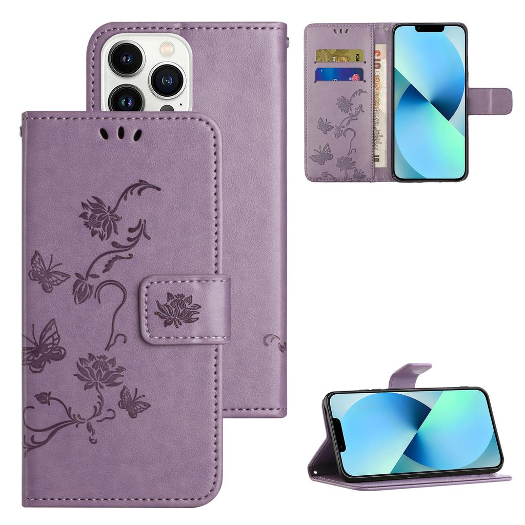 Butterfly Flower Imprinted Leather Case for iPhone 15 Pro,Stand Waller Protective Phone Cover