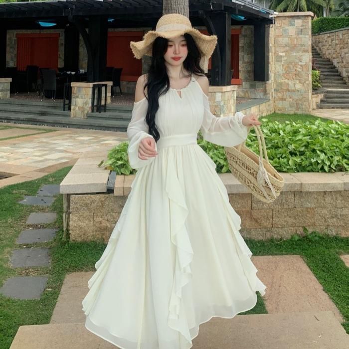 French Off-the-shoulder Super Fairy Vacation Dress, New Neck Sexy and Thin Temperament Pure Desire Style Fairy Dress