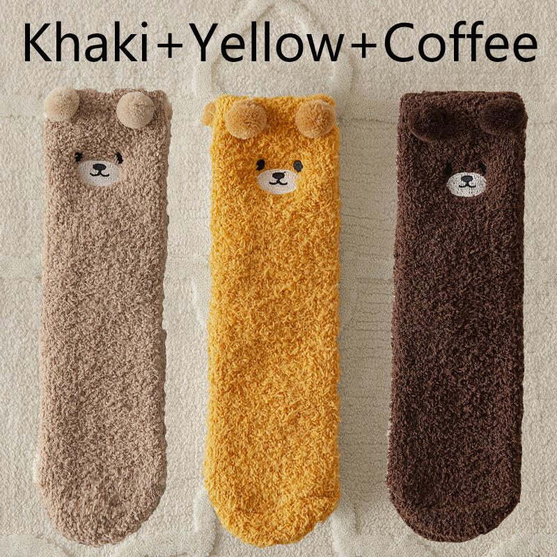 3 Pairs Winter Socks Women Warm Fluffy Socks Bear Cute Animal Coral Fleece Kawaii Fuzzy Socks Thicken Home Sleep Floor Socks Ins