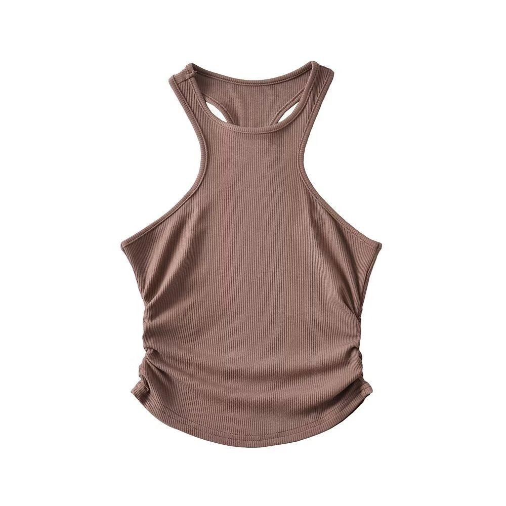 

Двухсторонний плиссированный жилет с нитками, женский, новый, узкий, с I-образным плечом, облегающий топ с нитками для чулок M дубильная кора