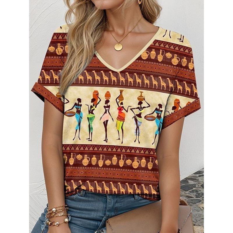 

Весна Лето Женская Ретро Принт Повседневная V-образный вырез Короткий рукав Свободный крой Женская футболка 5XL
