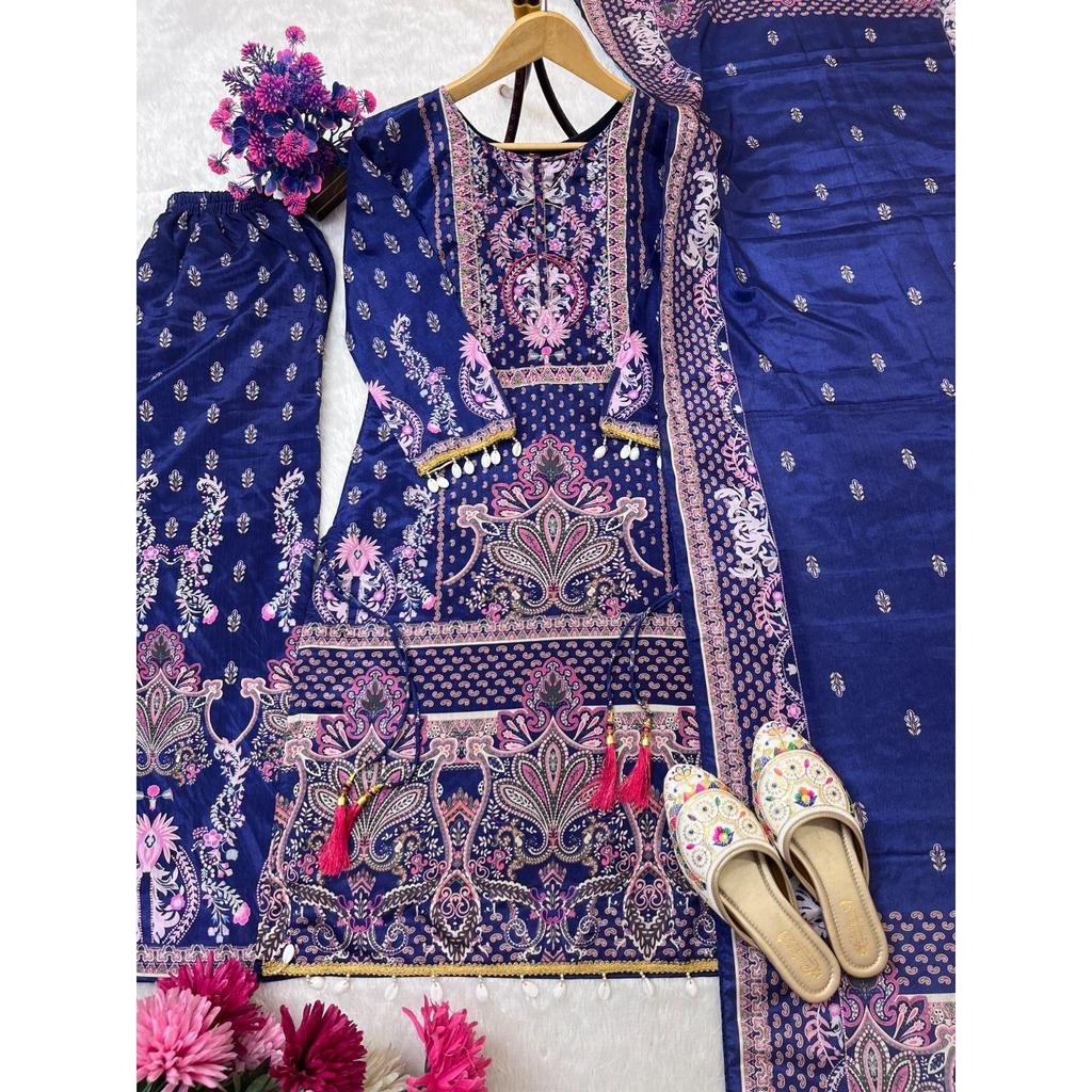 Designer wear trending top with printed work with hand work with plazo and dupatta set