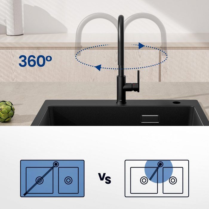60x45cm Évier de Cuisine avec Égouttoir inox+mitigeur extractible Noir