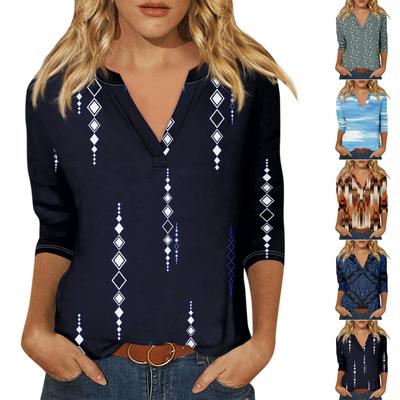 Damen T-Shirt Bedruckt 3/4 Ärmel Alltagsmode Wochenende Basic V-Ausschnitt Normales Oberteil