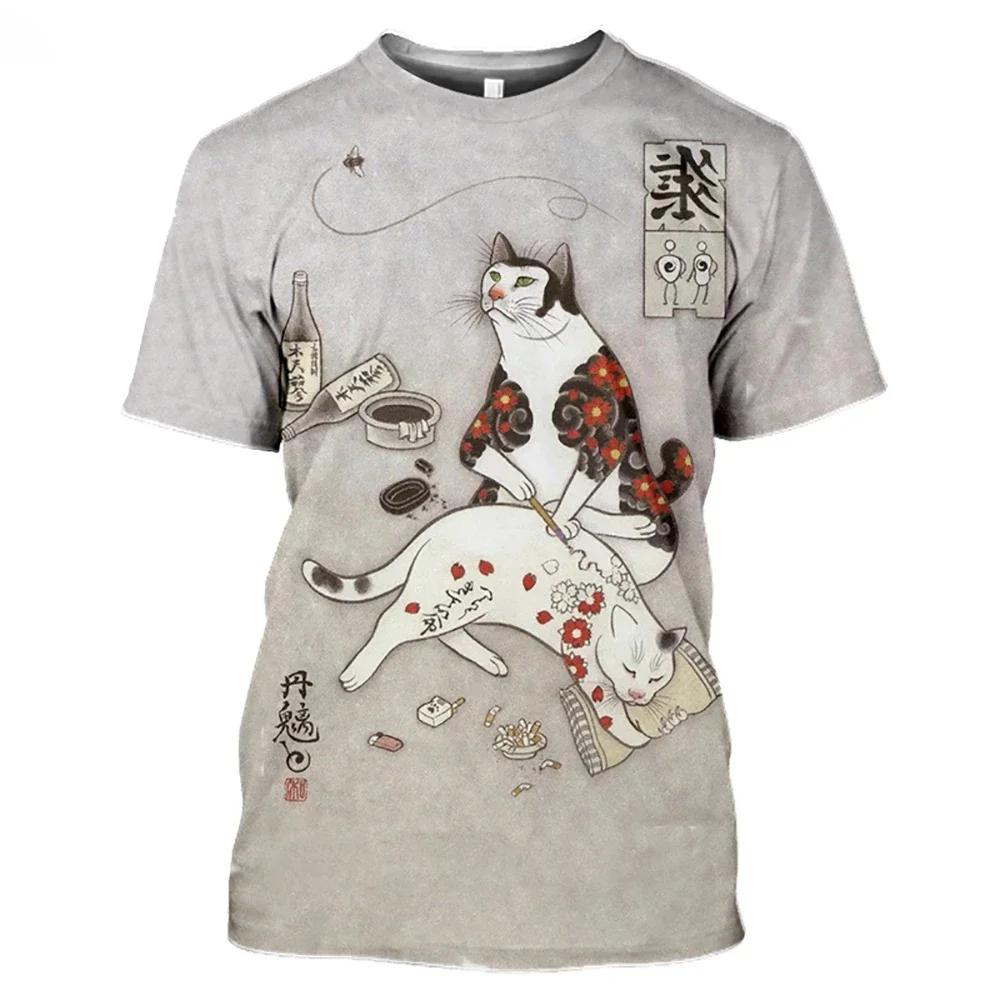 Neue Mode Vintage T-Shirt Samurai Katze Tattoo Shirt Herren 3D Cooler Druck Kunst Klassisches Shirt Sommer Trend T-Shirt