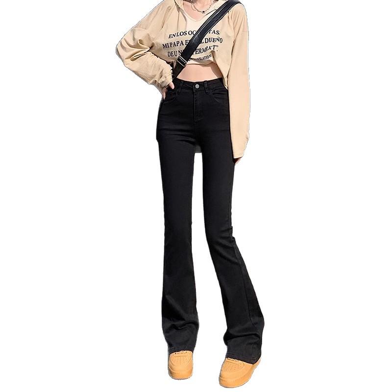 Damskie Jeansy Dzwony Plus Size Czarne z Wysokim Stanem Elastyczne - Wiosna/Jesień