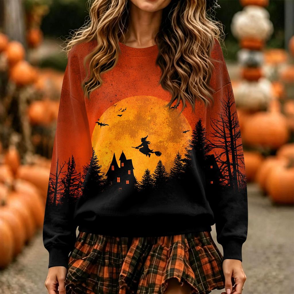 Women's Halloween Print Neck Pullover Sweatshirt, Long Sleeve Casual Fashion Top