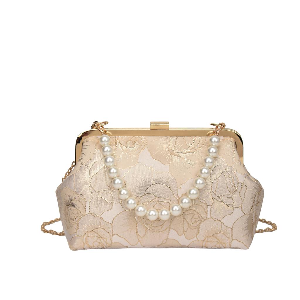 Chinese Cheongsam Style Women's Bag  Crossbody Shoulder Bag  Chain Beads  Embroidered Flower Pattern  New
