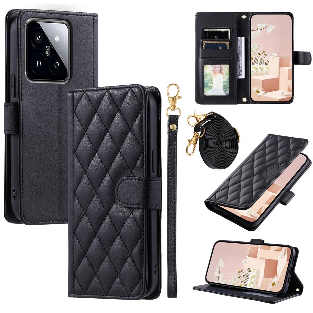 For Xiaomi 14 Case Stand View PU Leather Flip Phone Cover with Strap