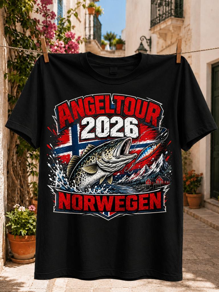 Angeltour 2026 Norwegen Bold Fishing Graphic Large Fish Fishing Lure and Norwegian Fl-ag Motif In a Unisex All T-Shirt