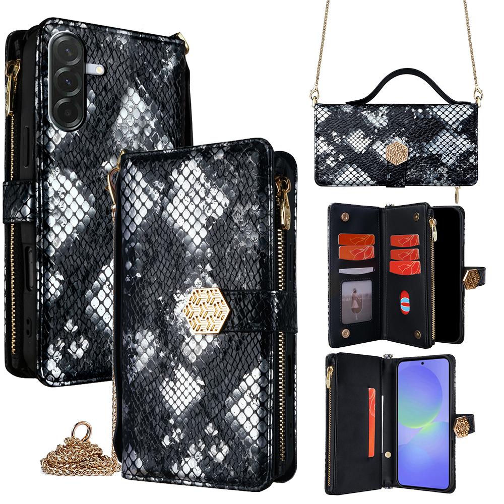 

Чехол для Samsung Galaxy A36 5G с текстурой змеиной кожи, из ПУ кожи, чехол-кошелек для телефона с плечевым ремнем Black