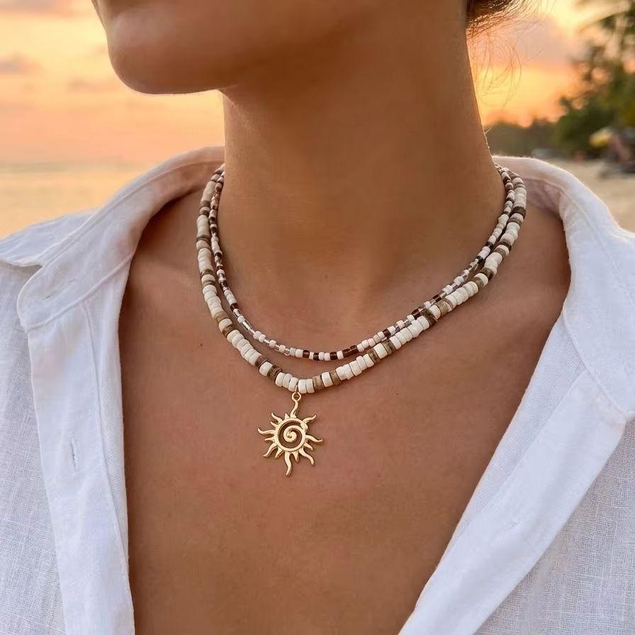 2pcs Boho Coconut Shell Wood Beads Necklaces Set for Women Men Vintage Sun Pendant Necklaces Summer Beach Party Jewelry Gifts
