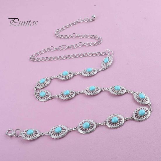 Exotic Lace Metal Ring Belt Waist Chain for Women, Adjustable Fit Waistband with Turquoise Decor, High Retro Ethnic Style Dresses Skirts Beachwear