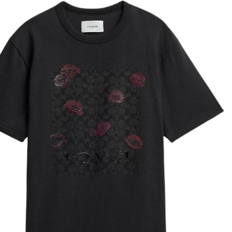Coach Letter Pattern Printed Round Neck Pullover Short Sleeve T-Shirt Women T-Shirt Charcoal-Black CT013-A5F