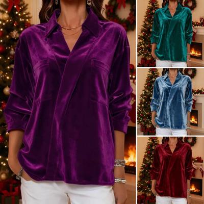 Women Shirt Lapel Long Sleeve Velvet Texture Solid Color Pullover Tops Loose Fit Commuter