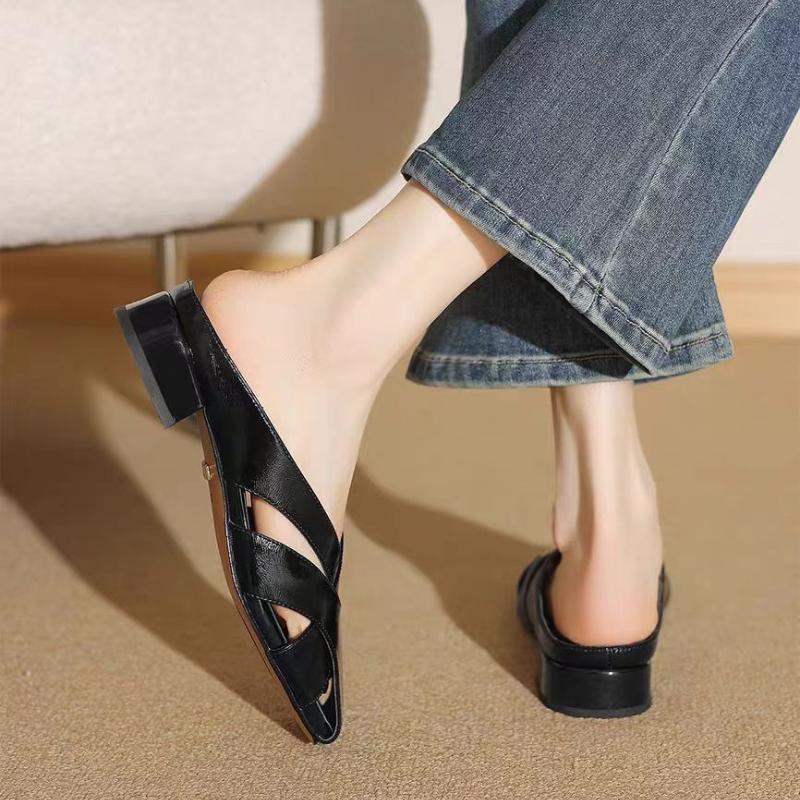 Mode Fyrkantig Tå Höga Klackar Tofflor Kvinnor Klackade Sandaler Mules Skor Sommar 2025 Kvinna Flip Flops Pumps Strandskor Vardagliga Slides
