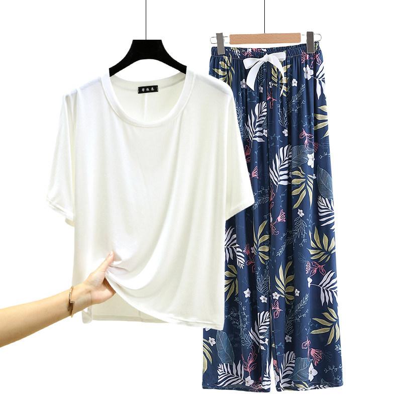 T-shirt girocollo in modal con pantaloni a gamba larga floreali in popeline Set pigiama estivo sottile Tuta casual larga per dormire Loungewear comodo tutto da abbinare