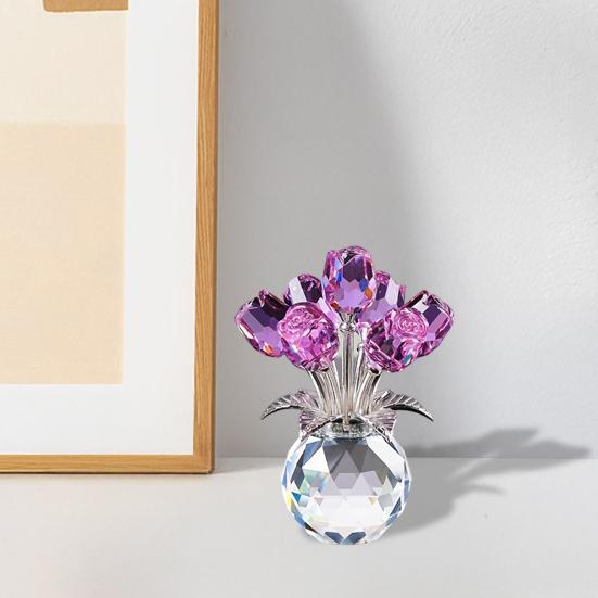Faux Crystal Rose Flower Ornament Handmade Bouquet Figurine Mini Flower Vase Decoration Wife Girlfriend Women Wedding Anniversary Birthday Gift