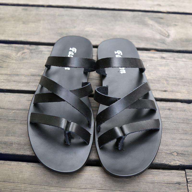 Flat With Beach Fashion Outside Men's Slippers Leisure Concise Genuine Leather Summer Flip Flops Sewing Solid Men Shoes