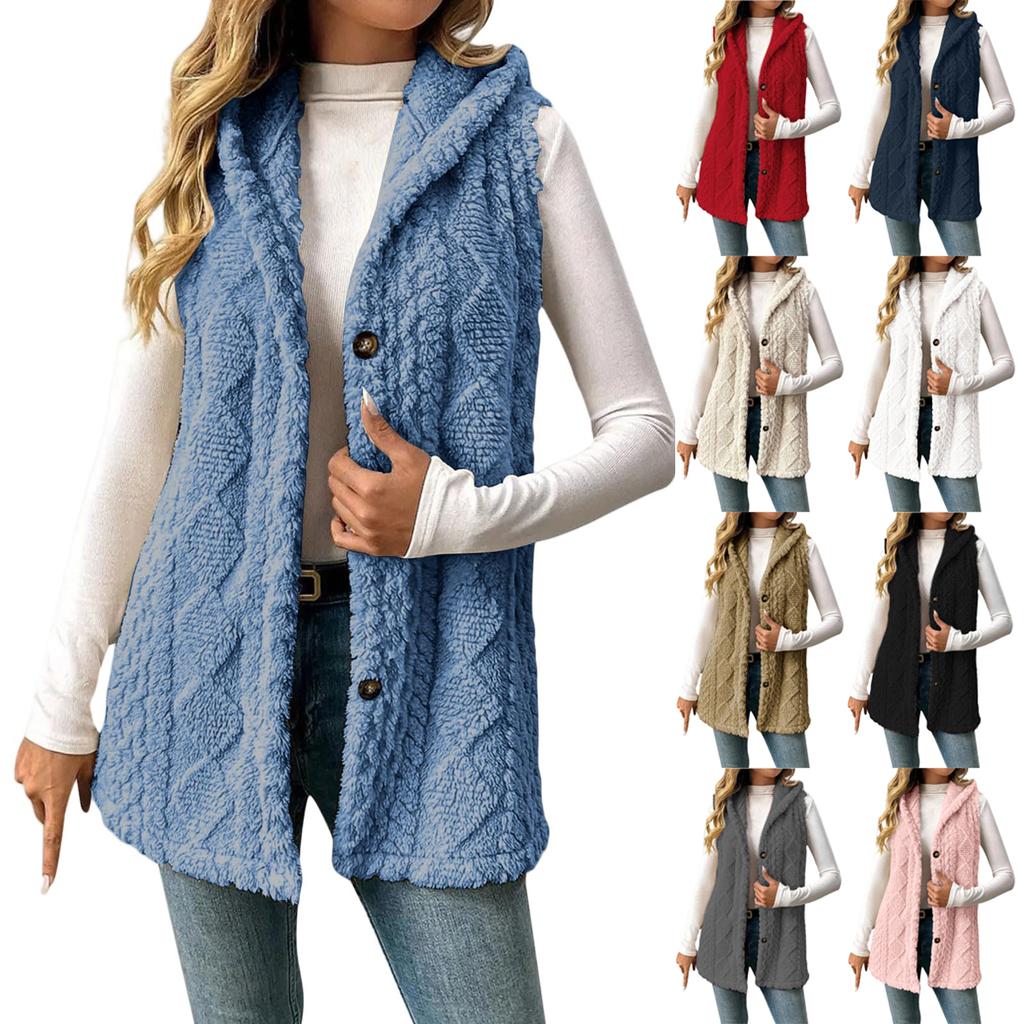 Dame Moteabel Ensfarget Ermeløs Hetteknapp Casual Plysj Vestjakke