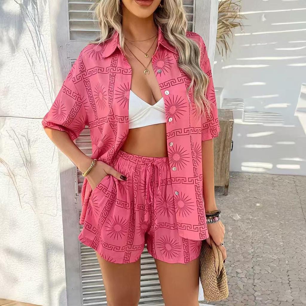 1116 new summer European and American style contrasting colors 1D printing casual women's short-sleeved shirt shorts set vacation beach wear