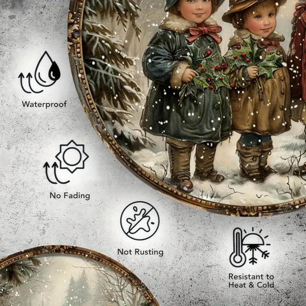 Victoriaanse Winter Aluminium Bord. 8x8 inch ronde feestelijke scène voor slaapkamer, woonkamer of kerstdecoratie.