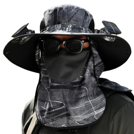 Solar Fan Fisherman Hat USB tölthető napvédő napvédő sapka kettős ventilátorral, körkörös napvédő kalap kültéri kalandkendővel arcvédővel