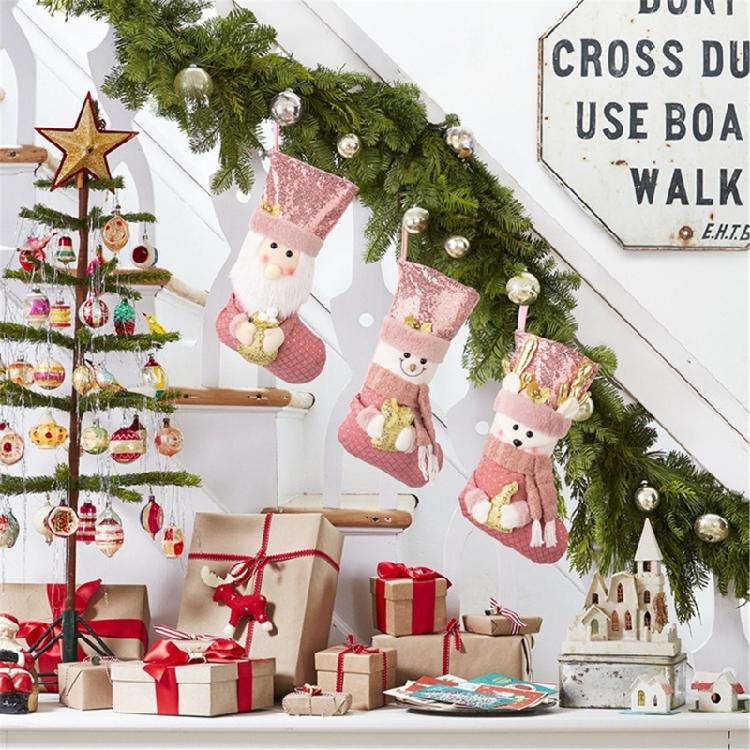 Sophisticated European Pink Sequins Christmas Stocking Festival Pink Christmas Stocking with Spacious Gift Holders