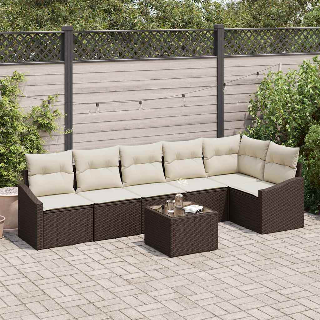 7 Piece Sofa Set with Cushions Brown Poly Rattan