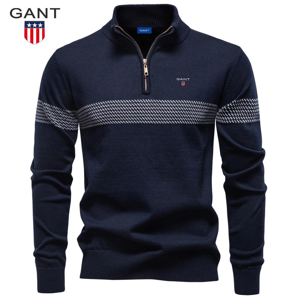 Gant Herbst und Winter Stickerei Neues Business Stehkragen Herrenreiner Baumwollpullover, Hochwertiges Lässiges Halbreißverschluss Herrenoberteil