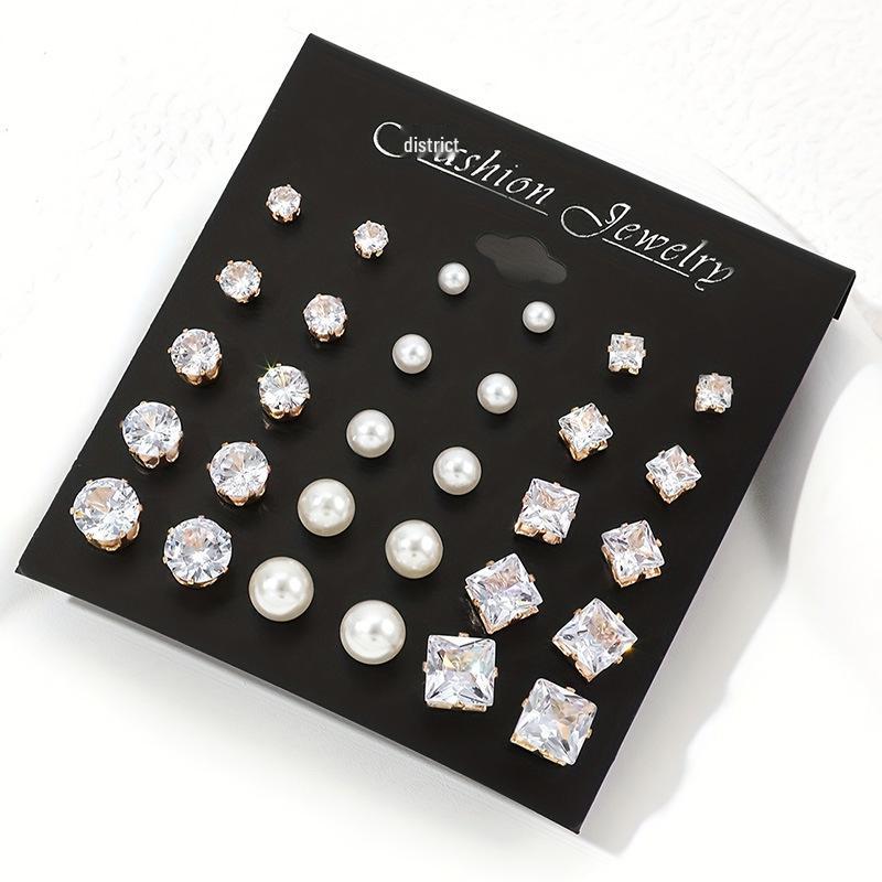 15-Pair Retro & Geometric Stud Earring Set: Pearl & Six-Claw Cubic Zirconia