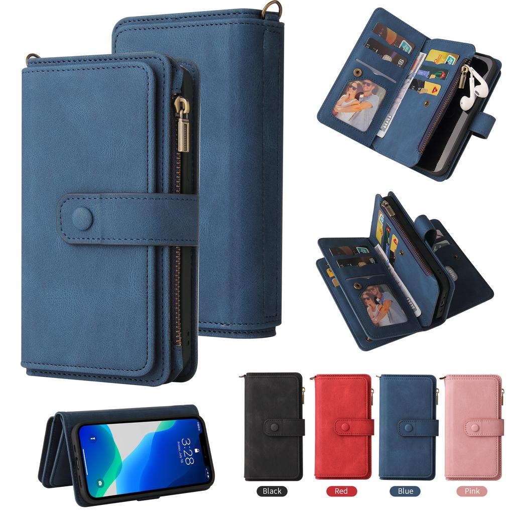 Applicable iPhone16 Leather Case 17Plus Skin Sense Scrub 15 Card Zipper Wallet Case Google 9Pro Solid Color