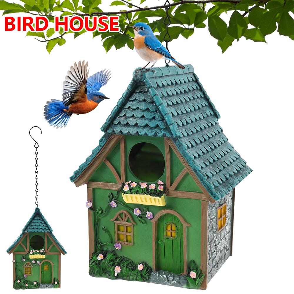Bird House Resin Hanging Outdoor Bird Box with Chain Hook Weatherproof Finch House Exquisite Garden Decoration for Outdoor Yard