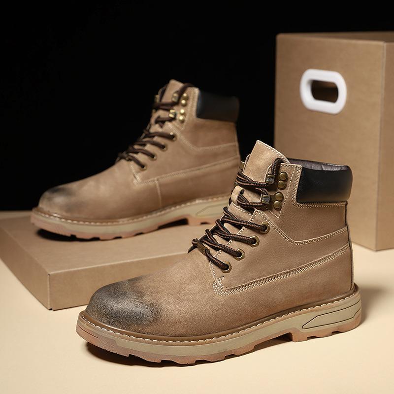 High-Top Rhubarb Boots, First-Layer Pigskin Martin Boots, Men'S Outdoor Tooling, Velvet Thermal Men'S Shoes