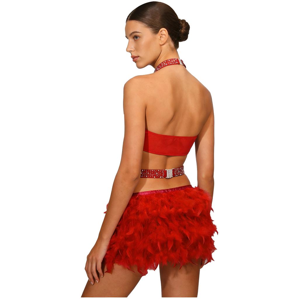 Damen Funkelnde Strass Tanz Bodysuit Kunstfeder Akzente Neckholder Rückenfrei Ärmellos Leotard Latein Kostüm