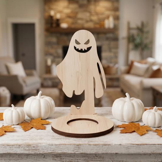Halloween Candle Holder Wooden Holder, Silhouette Ghost/Bat/Scarecrow/Bat Bat Shadow Casting Tealight for Home Table Fireplace Decor Black Cat Base