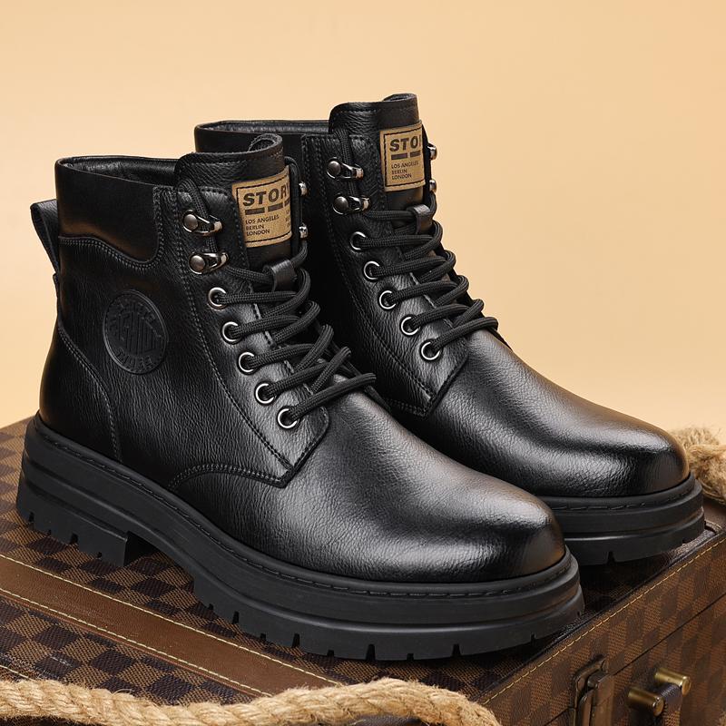 Nowość Męskie buty typu high-top Outdoorowe skórzane botki Modne sznurowane buty motocyklowe Antypoślizgowe męskie Zimowe pluszowe śniegowce