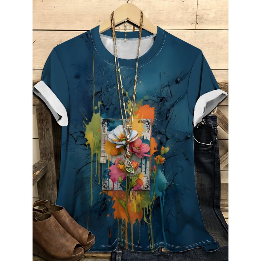 Letní dámské tričko s kulatým výstřihem, květinovým vzorem a 3D potiskem, módní, ležérní, s krátkým rukávem