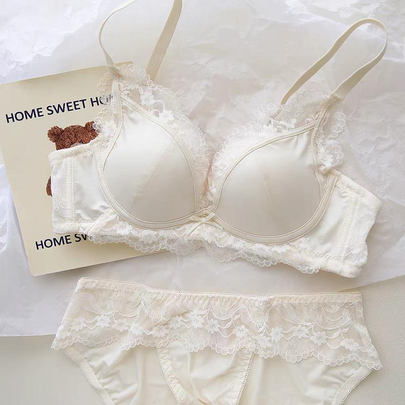 French Lace Satin Lingerie Set: Push-Up, Wire-Free, Anti-Sagging Bra for Small Busts