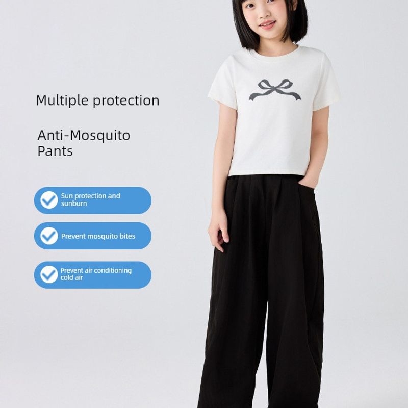 Children's Thin Yamamoto Pants, Summer Girls' Ice Silk Wide-Leg Long Pants, Loose Mosquito-Proof Casual Solid Color Pants for Older Children