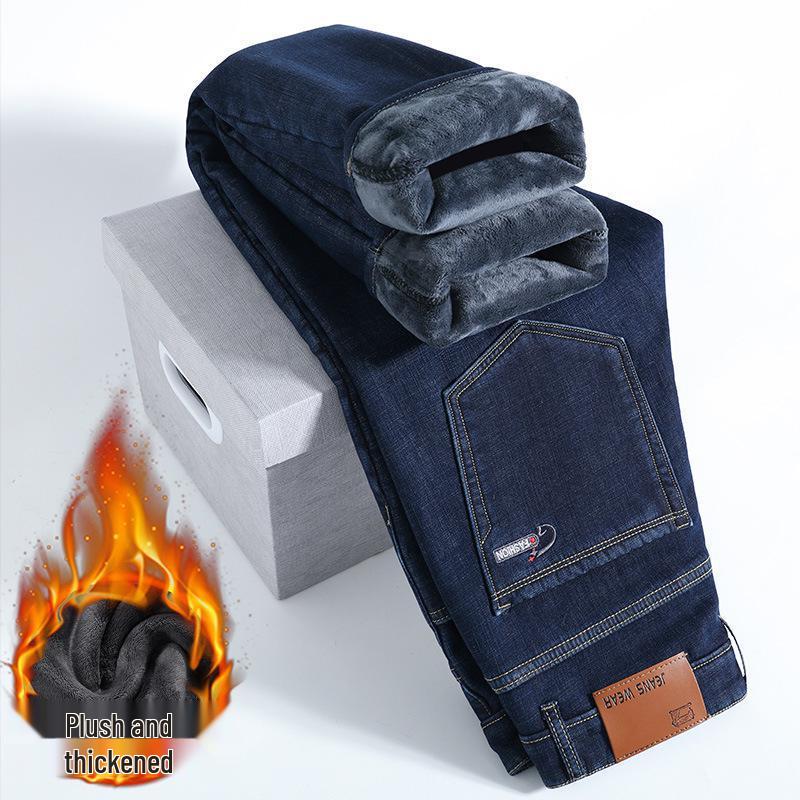 Men's Thick Velvet-Lined Stretch Denim Jeans, Loose Fit, Straight Leg, 2023 New Style, Autumn/Winter Warmth.