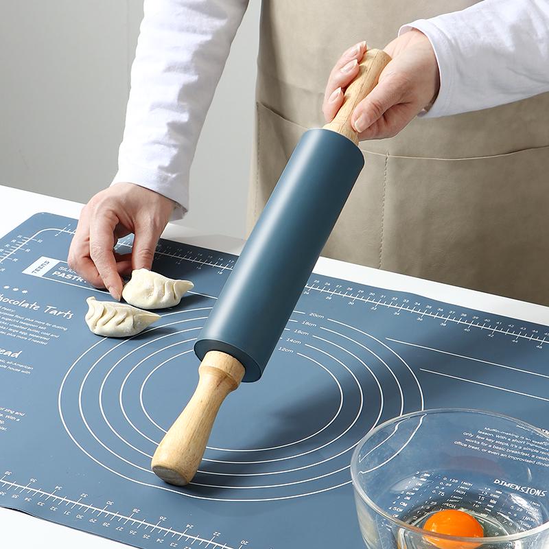 Solid Wood Non-stick Silicone Rolling Pin for Dumpling Wrapper and Dough