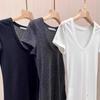 Damen T-Shirt im koreanischen Stil, einfarbig, mit U-Ausschnitt, schulterfrei - Sommerkollektion 2025, süß & würzig, Slim Fit, kurze Ärmel