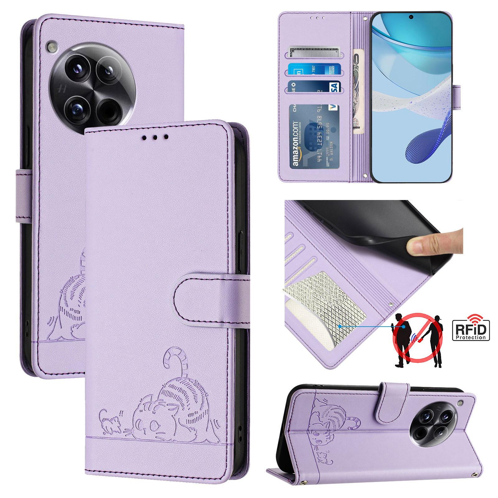 

For OnePlus 12 5G Case with Strap RFID Blocking Leather Wallet Phone Cover Cat Mouse Pattern Purple