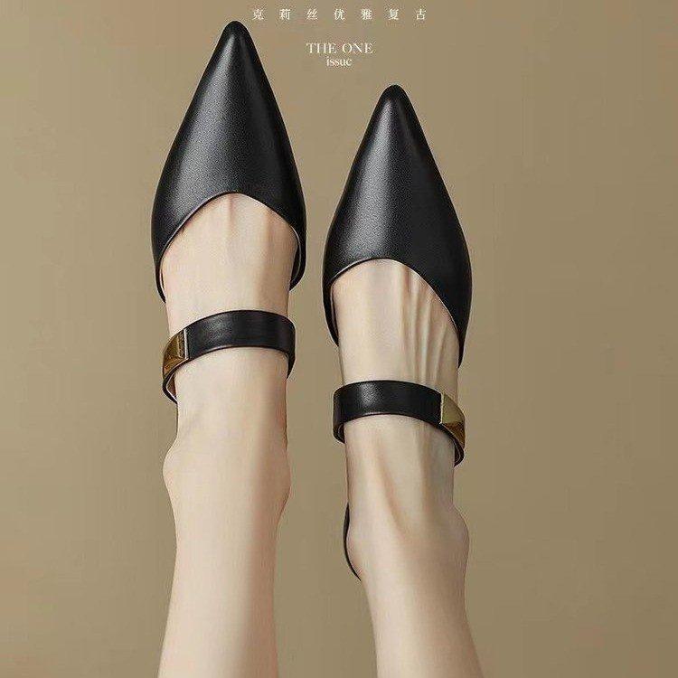 Fashion Fashionable Women's Pointed Toe Toe Sandals 2025 Summer New Semi Slippers with Metal Buckle Decoration and Fine Heel Sandals