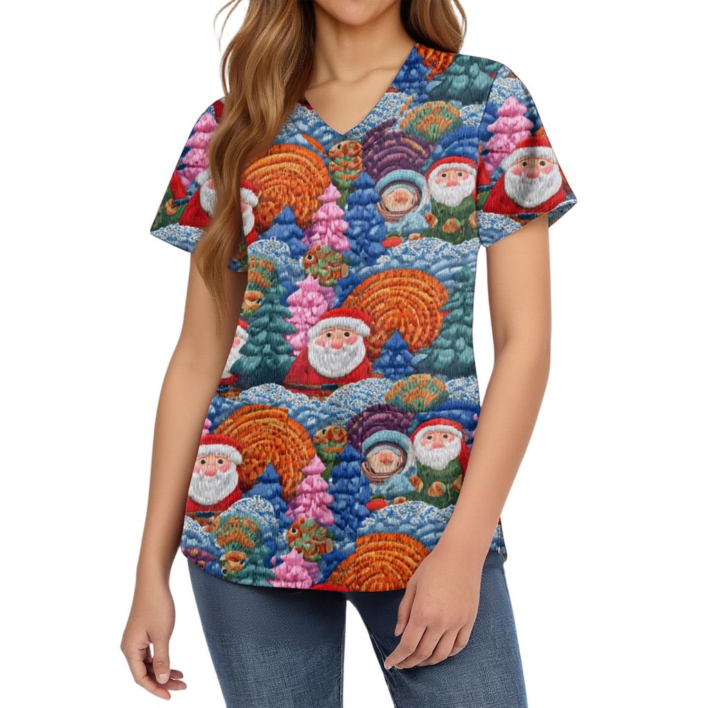 Women's Fashion V-Neck Short Sleeve Overalls With Pockets Christmas Printed Tops  Clothes