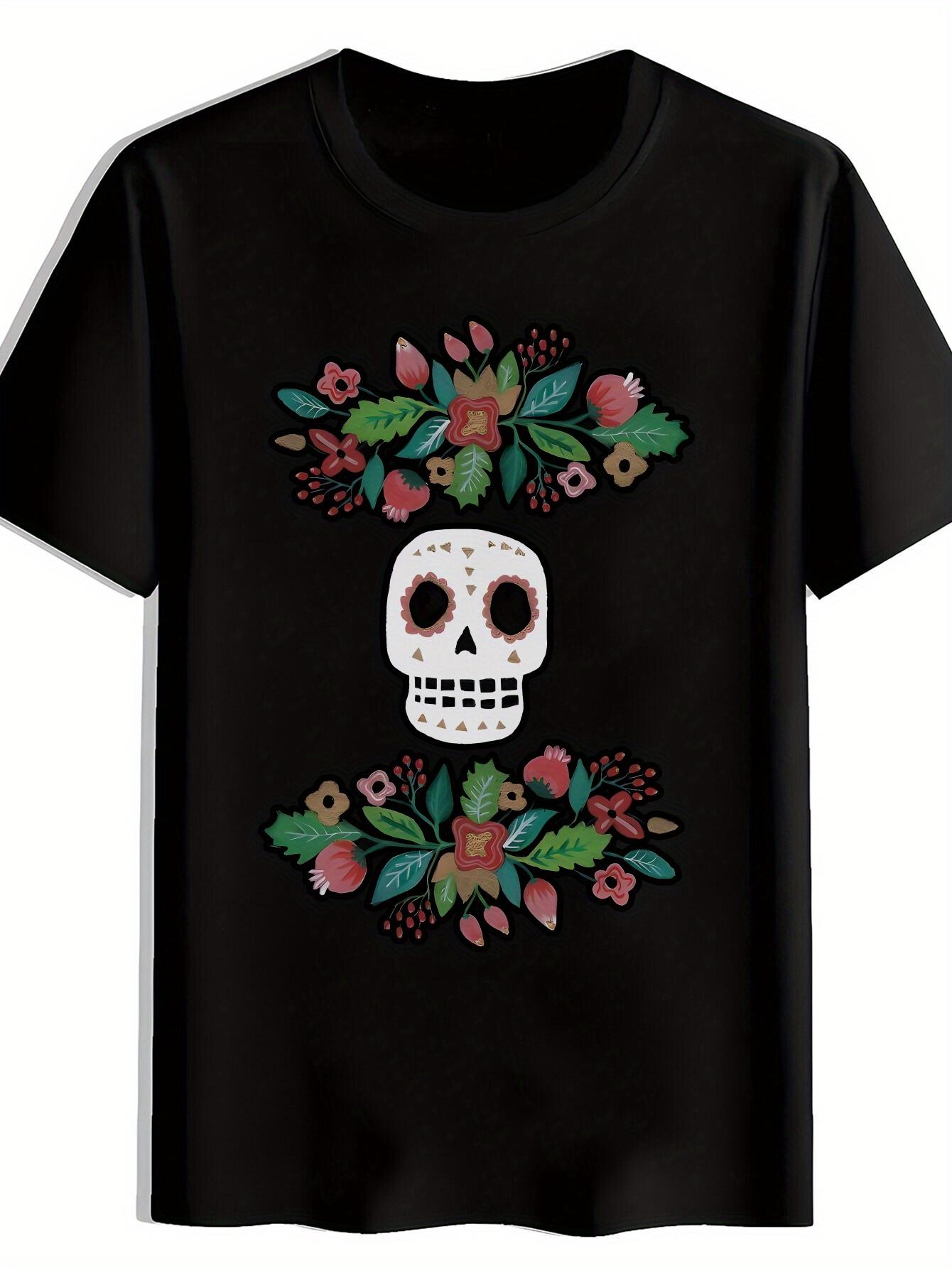 

Black Mexican-Inspired Skull & Floral Print T-shirt - Casual Crew Neck XL