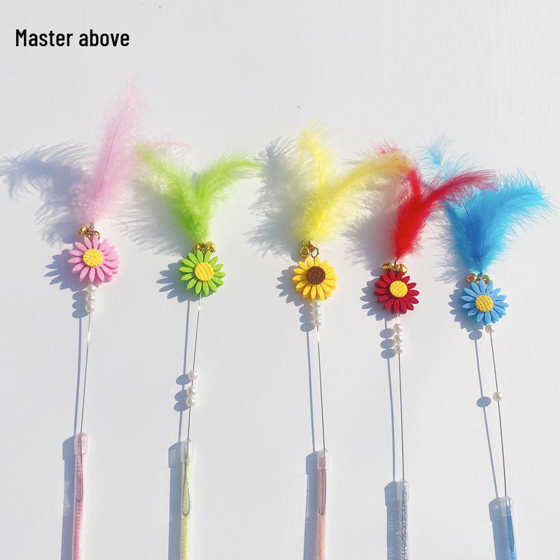 Long Rod Cat Teaser with Colorful Feathers - Handmade, Durable, and Elastic Fishing-Style Toy