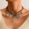 Jewelry Retro Imitation Turquoise Collarbone Chain Niche Ethnic Wind Leaf Love Cow Head Inlaid with Turquoise Multi-layer